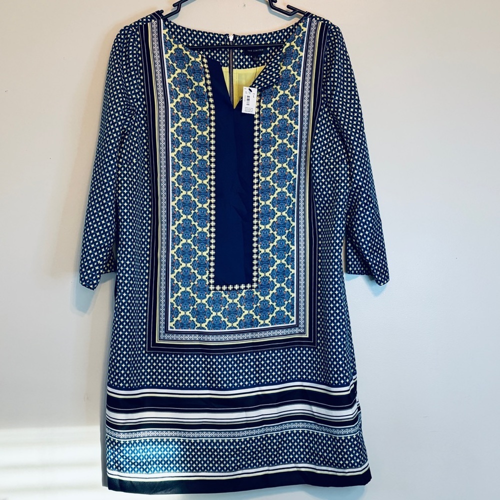 The Limited Navy and Yellow Patterned Satin Scarf Midi Dress